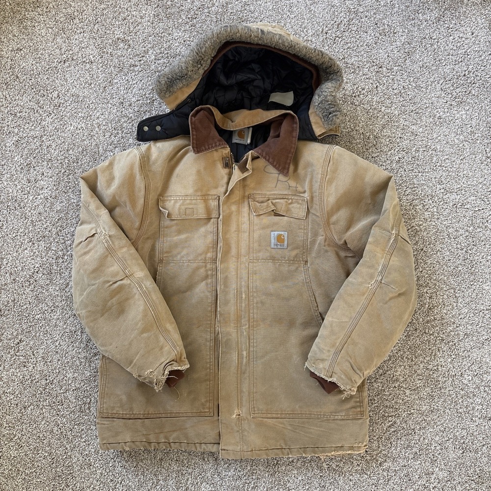 Vtg Carhartt M Arctic Jacket Distressed Tan Canvas Faux Fur Hood Work Thrashed